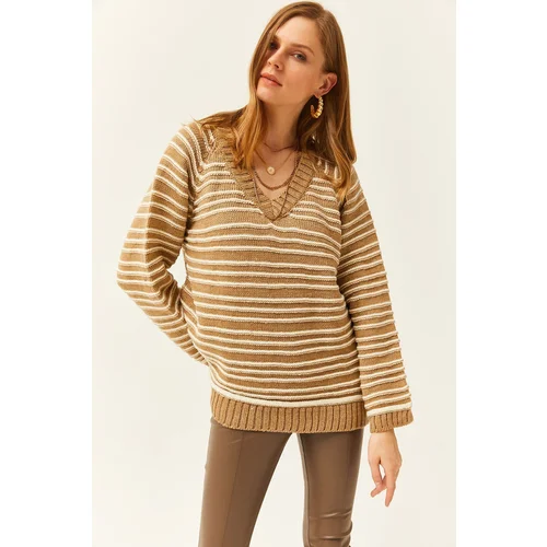 Olalook Women's Mink V-Neck Striped Soft Textured Knitwear Sweater