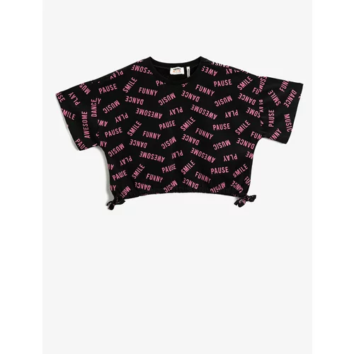 Koton Oversized Crop T-Shirt Short Sleeves, Printed with Bows Detail at the Sides, Crew Neck.