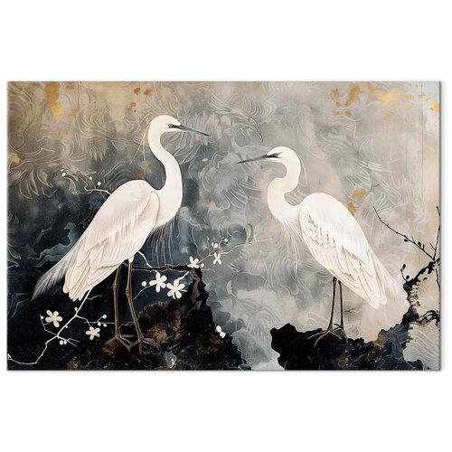  Slika - Herons and cherry blossoms - oriental-style illustration depicting birds 120x80 Premium Print Cene
