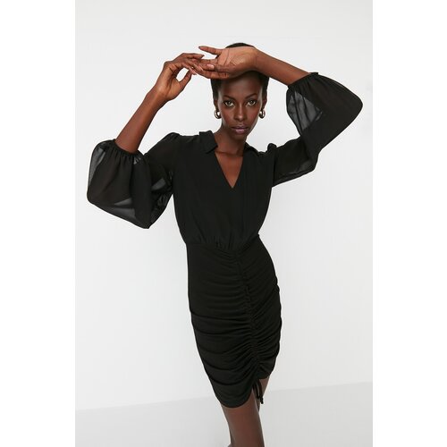 Trendyol black Ruffle Detailed Bodycone Dress Slike