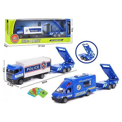 Magic Toys 30cm dolg kovinski model policijskega avtomobila s prikolico in kartami z vozili v treh različicah Cene