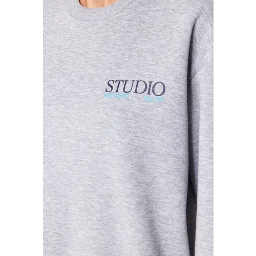 Trendyol Gray Melange Back with Print Detailed Thick Fleece Inside Regular Fit Knitted Sweatshirt with a slit