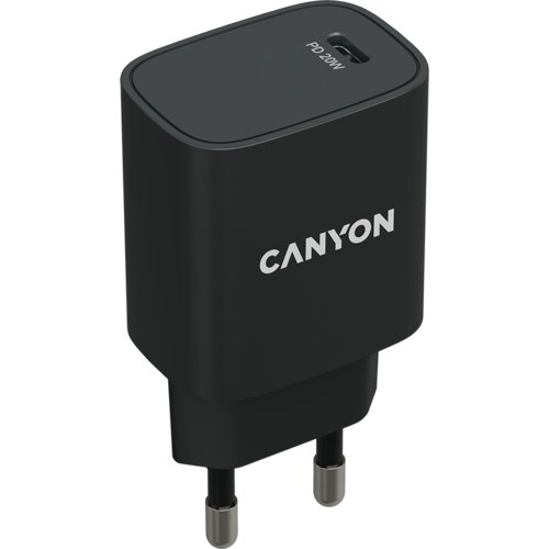 Canyon H-20, PD 20W Input: 100V-240V, Output: 1 port charge: USB-C:PD 20W (5V3A/9V2.22A/12V1.67A) , Eu plug, Over- Voltage , over-heated, over-current and short circuit protection Compliant with CE RoHs,ERP. Size: 80*42.3*30mm, 55g, Black - CNE-CHA20B02 Cene