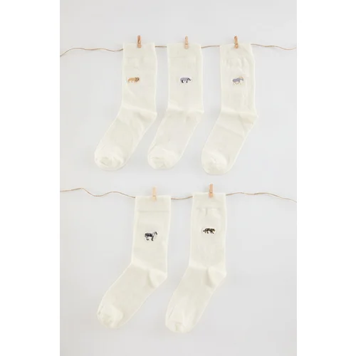 Trendyol Ecru Unisex 5 Pack Animal Embroidered Cotton Sock-Long Socks