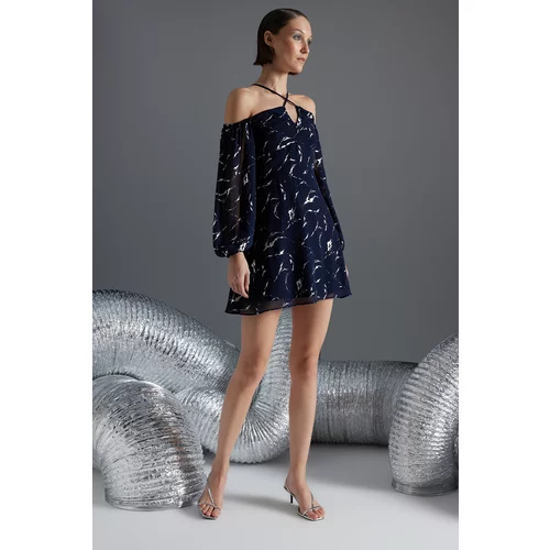 Trendyol Navy Blue Foil Printed Detailed Elegant Evening Dress