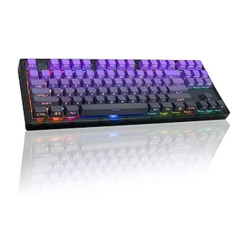 Lorgar Wireless mechanical gaming keyboard Pro, 2.4 GHz, BT, RGB Backlight, 16 modes, 66 keys, 50M presses, linear Toxic Purple switches, multimedia knob, built-in 3750 mAh battery, Hot Swap, Gasket mount, spring cable 2.3m, beige grey purple Slike