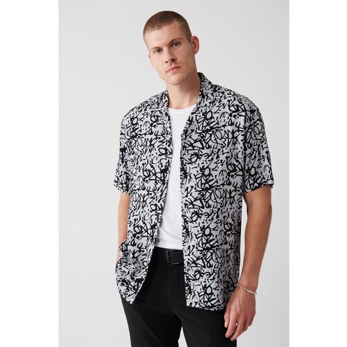Avva Men's Black Oversize Cuban Collar 100% Viscose Soft Touch Patterned Short Sleeve Shirt Slike