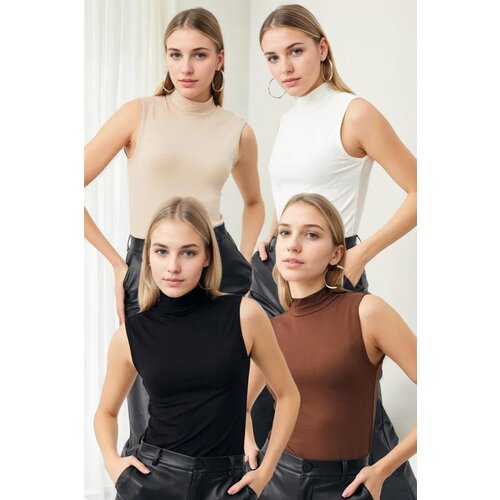 Dewberry 45246 4-Piece Sleeveless Body Set-BLACK-WHITE-CREAM-BROWN Slike