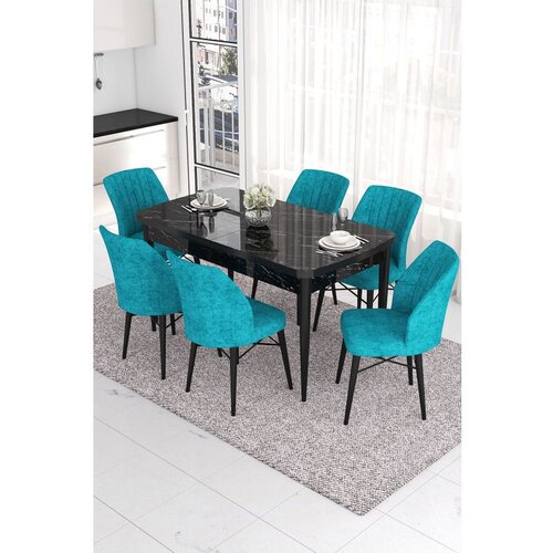 Hanah home Eva - Black Marble, Turquoise Black MarbleTurquoise Extendable Dining Table & Chairs Set (7 Pieces) Cene
