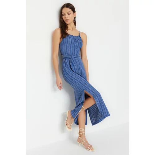 Trendyol Indigo Belted Fitted Midi Woven Woven Dress
