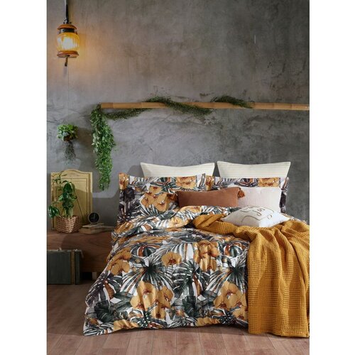  tropik whitegreenmustard satin double quilt cover set Cene