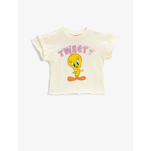 Koton Tweety Printed Sequin Sequined T-Shirt Licensed Frill Sleeve Cotton