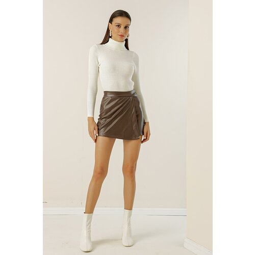 By Saygı Flared Leather Shorts Skirt with Elastic Waist Cene