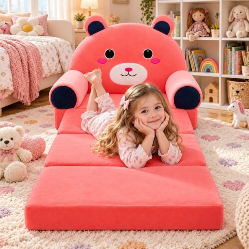  Dečija rasklopiva pli&scaron;ana foteljica 2u1 Pink Teddy roze - 4 sloja ( KLK2694-PTR ) Cene