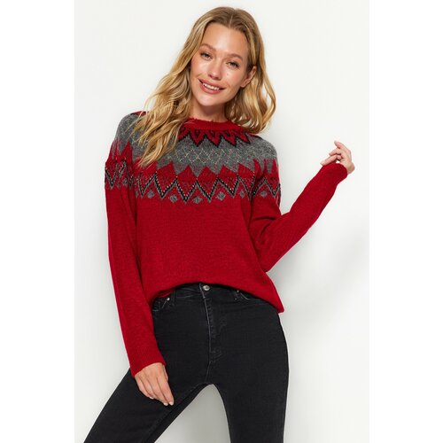 Trendyol Red Silvery Patterned Knitwear Sweater with Raglan Sleeves Slike