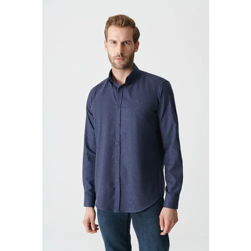 Avva Men's Navy Blue Button Collar Cotton Comfort Fit Relaxed Cut Shirt
