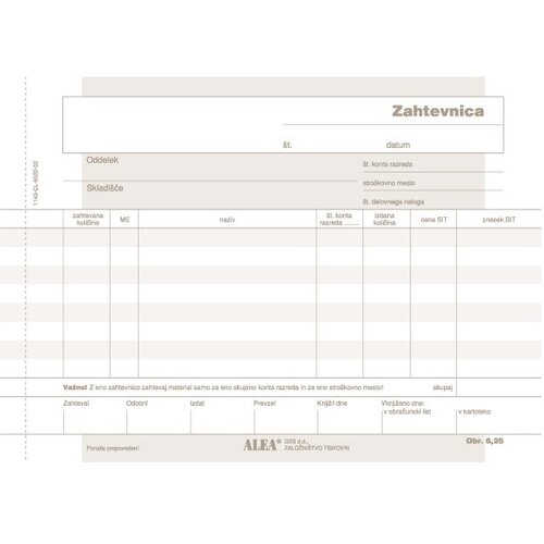  Obrazec 6,25 zahtevnica samokopirna ALEA Cene