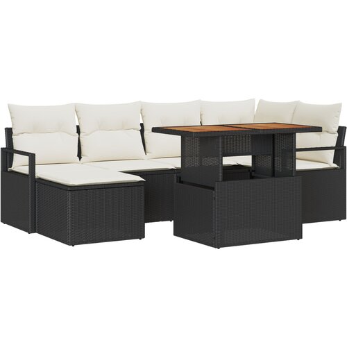 VidaXL 7-delni vrtni sofa set z blazinami Črn Poli Ratan Akacija, 2-sedežna vrtna sofa z blazinami Črna Poli Ratan Slike
