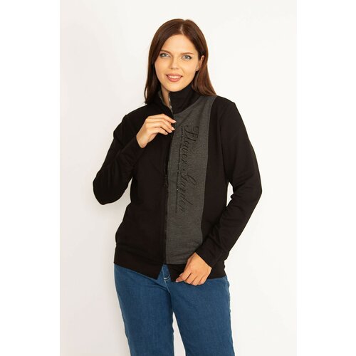 Şans Women's Plus Size Black Front Zipper And Stone Detailed Sweatshirt Slike