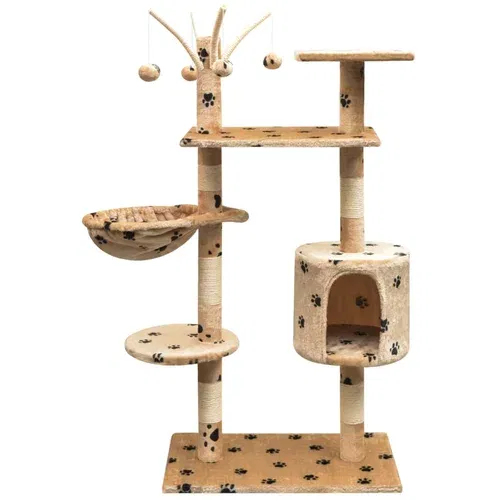  Penjalica Grebalica za Mačke sa Stupovima od Sisala 125 cm Bež s Otiskom Šapa