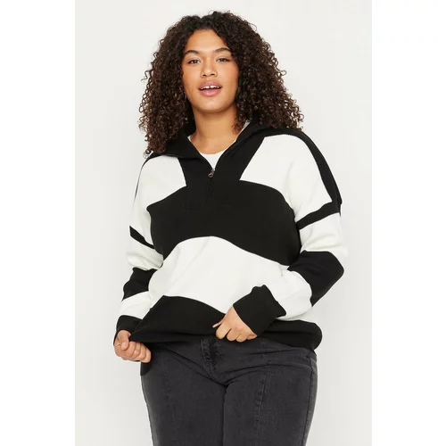 Trendyol Curve Black Striped Zippered Off Shoulder Knitwear Sweater