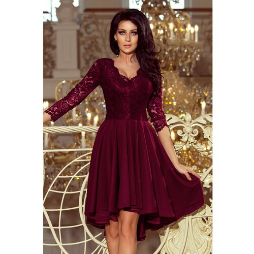 NUMOCO 210-13 nicolle - dress with a longer back with a lace neckline - plum Slike