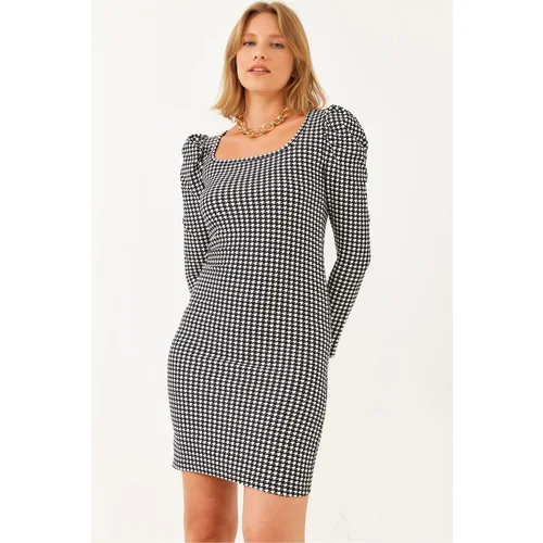 Bianco Lucci Women's Houndstooth Patterned Square Neck Mini Dress 10021