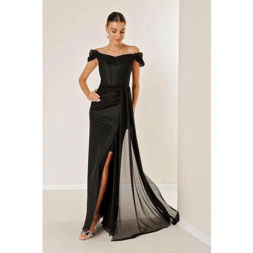By Saygı Low Sleeves Front Draped and Lined Underwire Long Glittery Dress Black