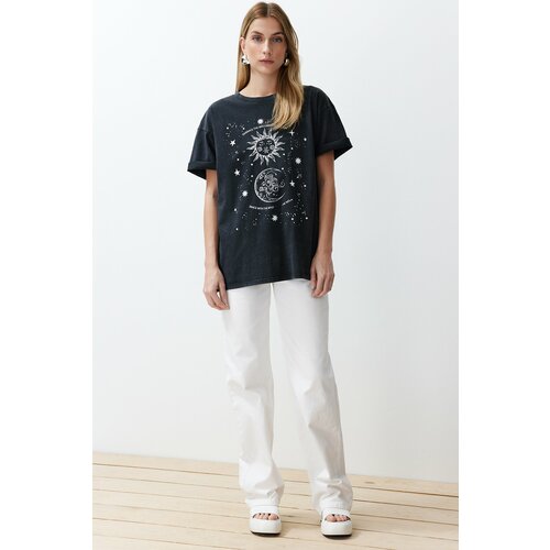 Trendyol Black Oversize/Wide Fit Galaxy Print Washed Knitted T-Shirt Slike