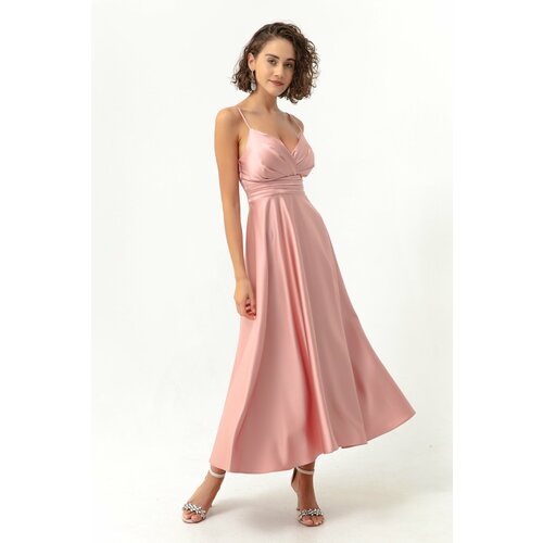Lafaba Women's Pink Satin Midi Evening Dress with Rope Straps and Waist Belt & Prom Dress Slike