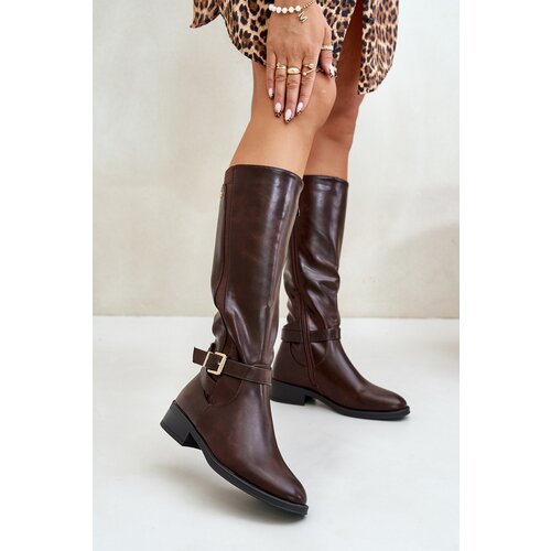 Boto Women's Insulated Flat Heel Boots With Gold Buckle Brown Arsisna Cene