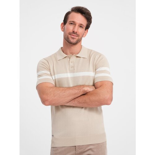 Ombre Men's soft knit polo shirt with contrasting stripes - beige Cene