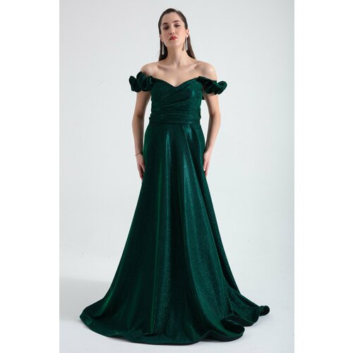Lafaba Women's Emerald Green Silvery Silvery Long Evening Dress With Frilly Sleeves Cene