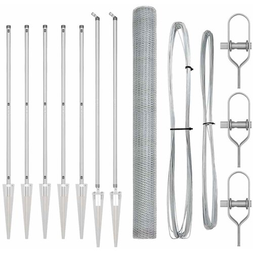 VidaXL Heksagonalna ograda 1.6x10 m galvanizirani čelik, Stupovi ograde s klinovima 7 kom &amp;Oslash;32 mm 180 cm galvanizirani čelik Slike