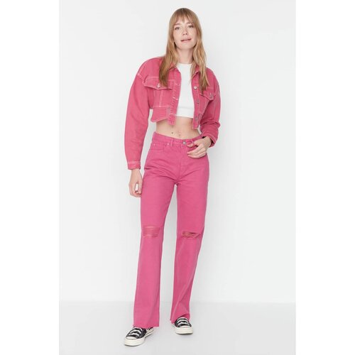 Trendyol Fuchsia Ripped Detailed High Waist Wide Leg Jeans Slike