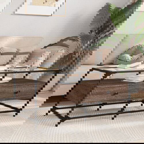VidaXL Stolić sa staklenom povr&amp;scaron;inom boja hrasta 98,5x50x45 cm čelik Slike
