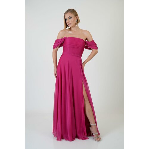 Carmen Fuchsia Low Sleeve Slit Chiffon Evening Dress Cene