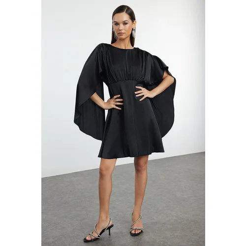 Trendyol Black Cape Detailed Woven Satin Short Dress