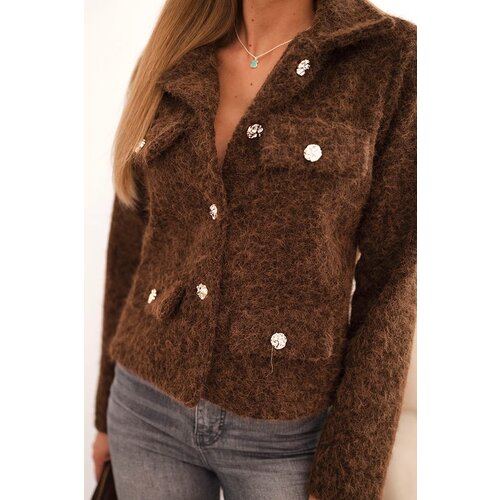 Kesi Włoski Women&amp;#039;s jacket with wool in a fluffy texture and decorative buttons mocha Slike