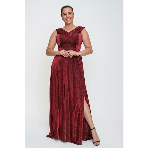 By Saygı Claret Red Double Collar Long Evening Dress with a slit.