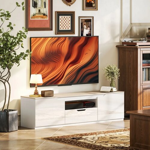  Niski TV ormarić visoki sjaj za TV do 65 3 pretinca ladica 160 x 38 x 43 cm prirodno drvo Slike