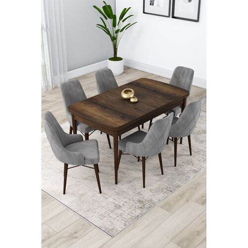 Hanah home trpezarijski set Lia, sto na razvlačenje i 6 stolica, ploča u dekoru drveta Baroque, siva tkanina Babyface Cene