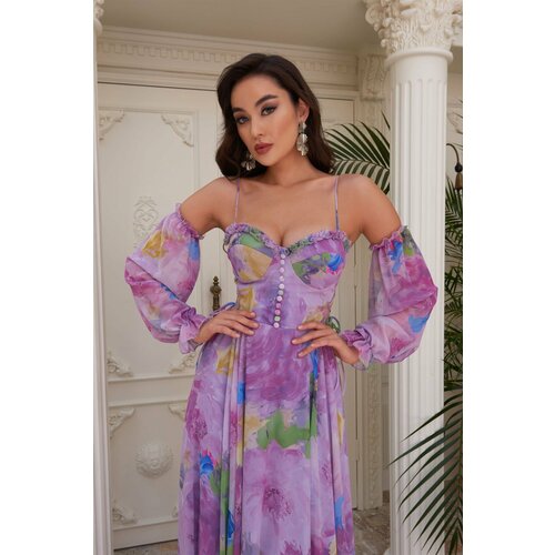 Carmen Lilac Printed Straps, Long Evening Dress with Balloon Sleeves. Slike