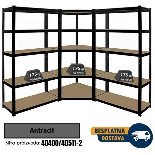 Ugaona polica 180x90x90x40cm, 5x175kg + 2 police 180x90x40cm, 5x175kg antracit Slike