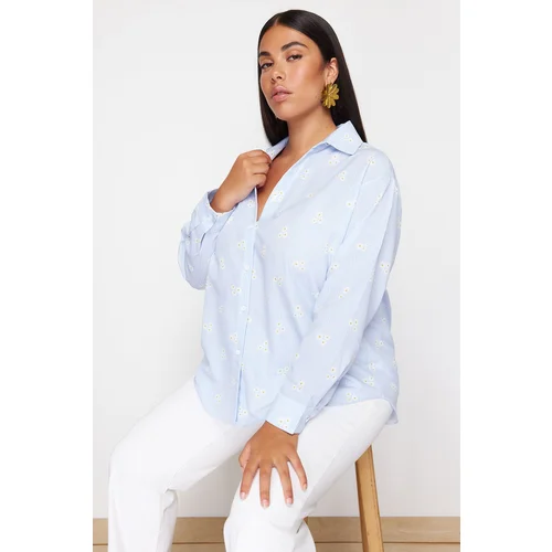 Trendyol Curve Blue Striped Floral Cotton Woven Plus Size Shirt