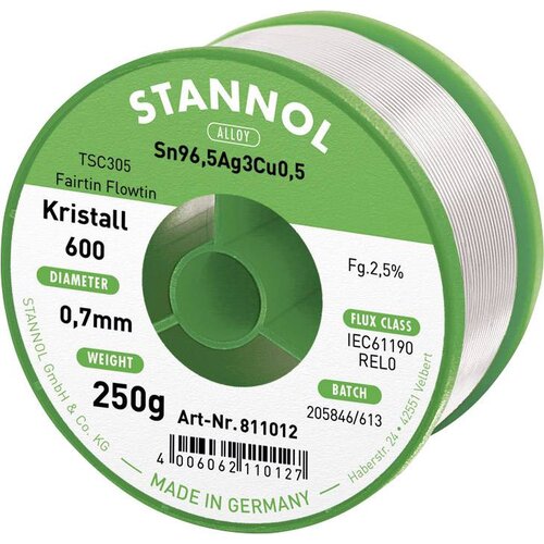 Stannol mehka spajkalna žica Kristall 600 v zlitini Flowtin TSC305 z 2\,5% pretoka 0\,7 mm s premerom na 250 g koluta Kristall 600 Fairtin spajkalna žica\, neosvinčena neosvinčeni Sn, (20428460) Slike