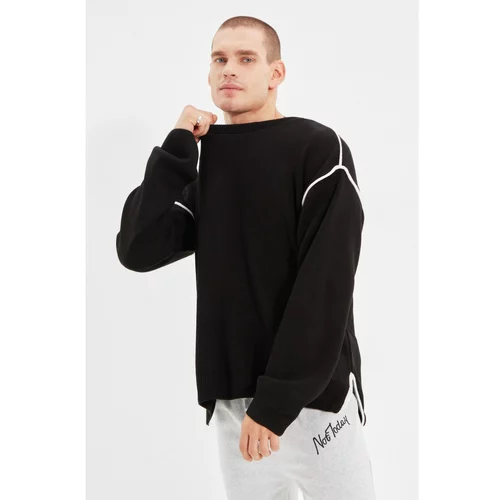 Trendyol Black Men's Oversize Crew Neck Bias Detailed Knitwear Sweater