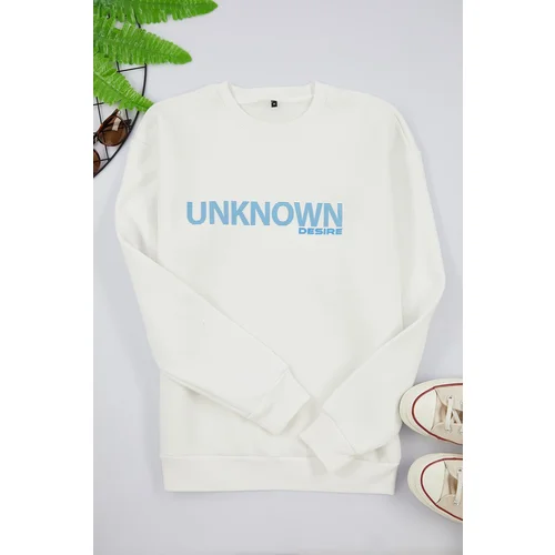 Trendyol Ecru Oversize/Wide Cut Text Printed Crew Neck Sweatshirt with Fleece Inside