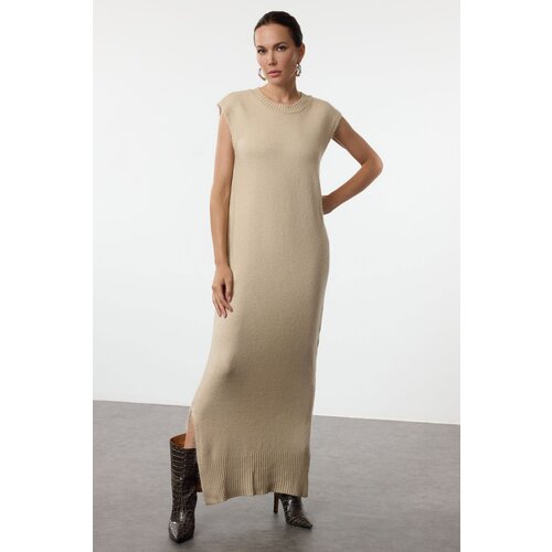 Trendyol Beige Maxi Knitwear Soft Texture Slit Detailed Vest Dress Slike