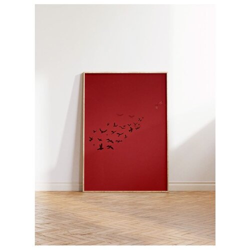 Wallxpert uramljena slika 115209, jato crnih ptica na tamnocrvenoj pozadini, 50 x 70 cm, ram u boji prirodnog drveta Slike